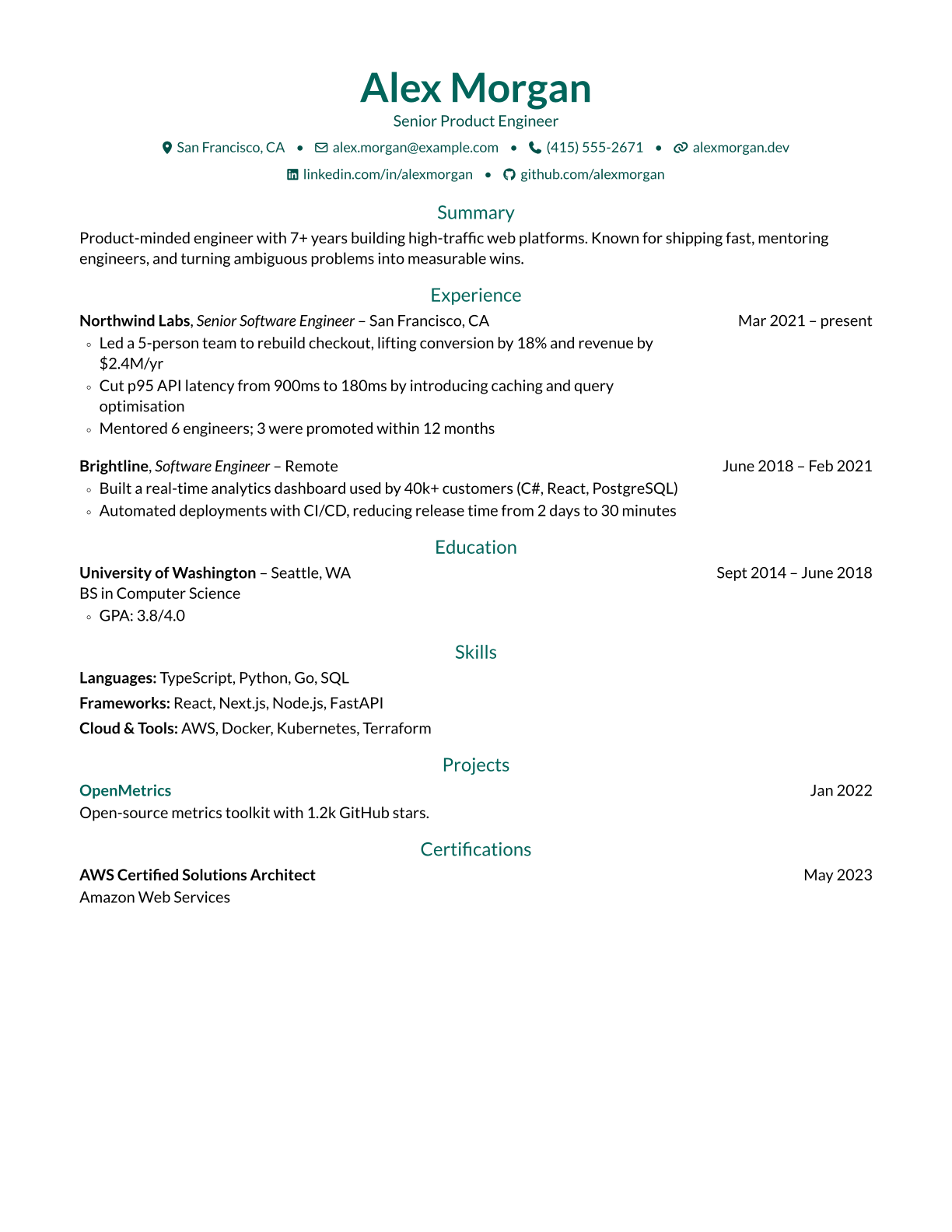 Opal resume template preview